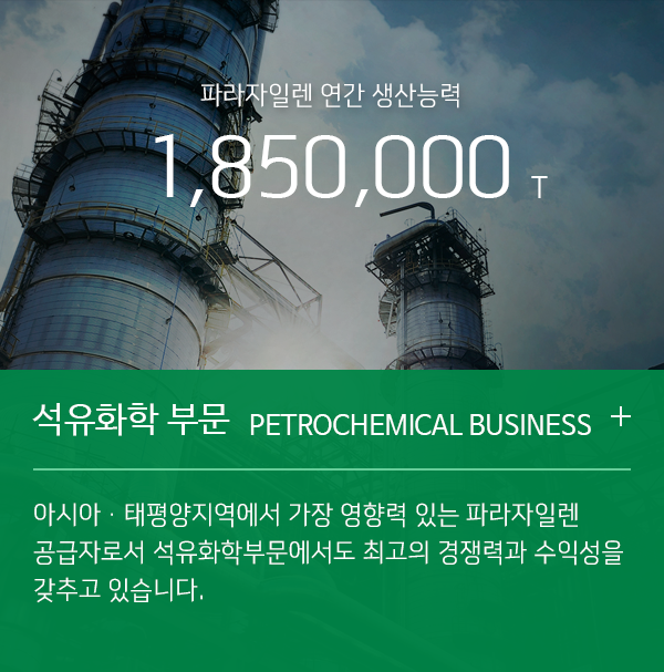 파라자일렌 연간 생산능력 1,850,000t 석유화학 부문 Petrochemical Business 아시아ㆍ태평양지역에서 가장 영향력 있는 파라자일렌 공급자로서 석유화학부문에서도 최고의 경쟁력과 수익성을 갖추고 있습니다.